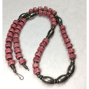 Pink Ceramic and Silver Tone Beaded Necklace